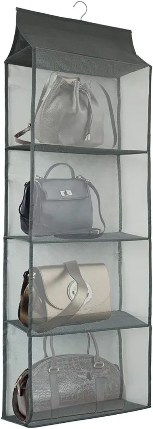 Closet Handbag Purse Holder, Space Saving Hanging Handbag Storage Tote Bag Organizer Holder with 4 Large Heavy-Duty Mesh Shelves for Wardrobe Closet(Gray)