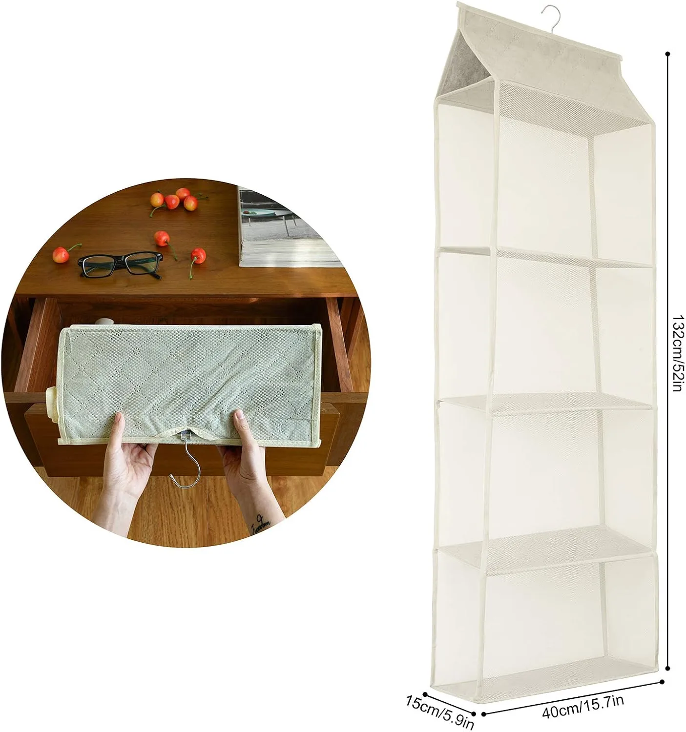 Closet Handbag Purse Holder, Space Saving Hanging Handbag Tote Bag Storage Organizer Holder with 4 Large Heavy-Duty Mesh Shelves for Wardrobe Closet(Beige)