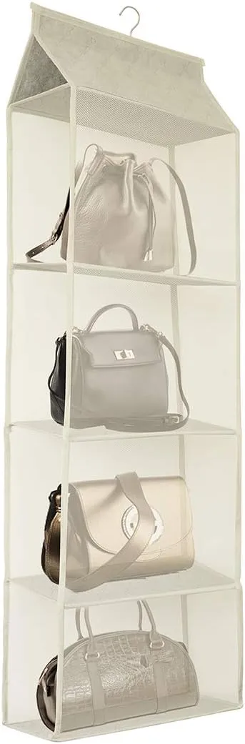 Closet Handbag Purse Holder, Space Saving Hanging Handbag Tote Bag Storage Organizer Holder with 4 Large Heavy-Duty Mesh Shelves for Wardrobe Closet(Beige)