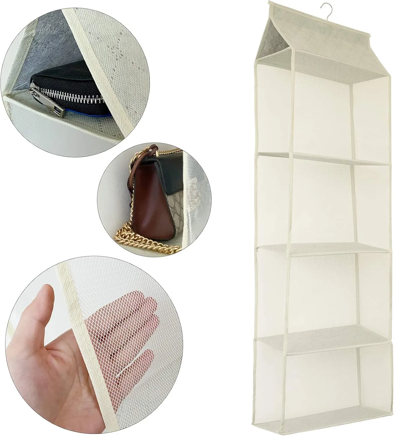 Closet Handbag Purse Holder, Space Saving Hanging Handbag Tote Bag Storage Organizer Holder with 4 Large Heavy-Duty Mesh Shelves for Wardrobe Closet(Beige)