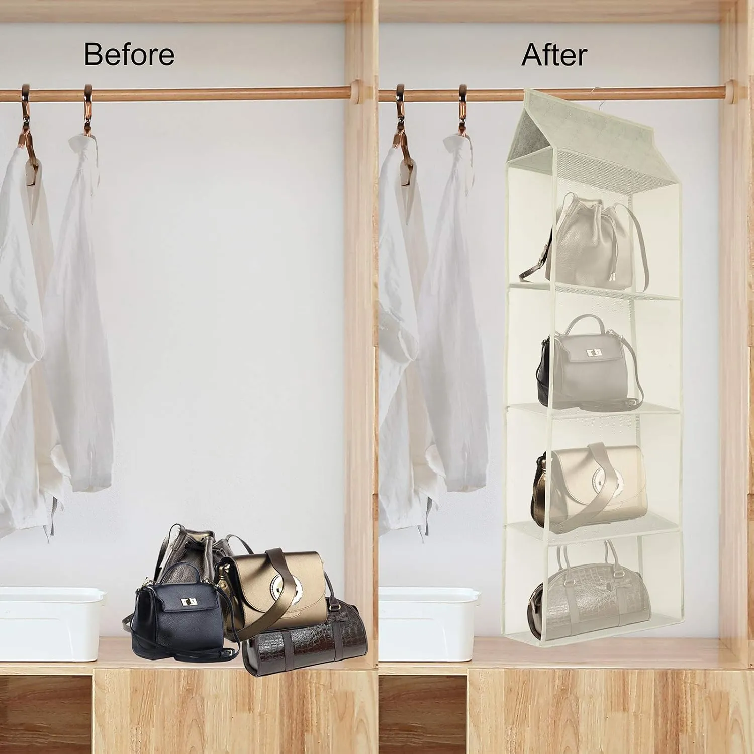 Closet Handbag Purse Holder, Space Saving Hanging Handbag Tote Bag Storage Organizer Holder with 4 Large Heavy-Duty Mesh Shelves for Wardrobe Closet(Beige)