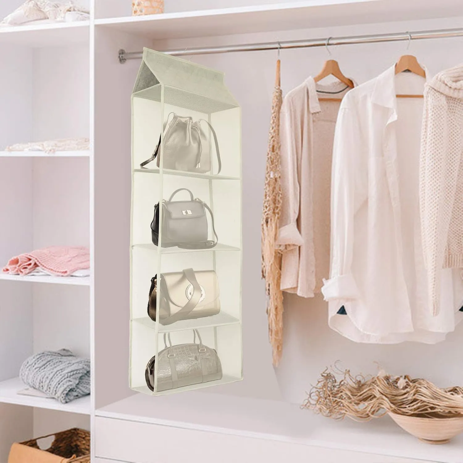 Closet Handbag Purse Holder, Space Saving Hanging Handbag Tote Bag Storage Organizer Holder with 4 Large Heavy-Duty Mesh Shelves for Wardrobe Closet(Beige)