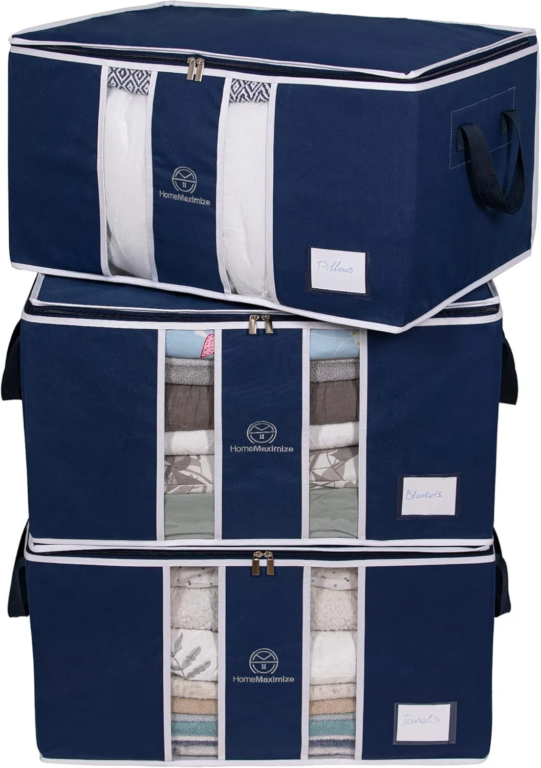 Clothes Storage Bag Organizer for, Blankets, Clothing, Comforters and Bedding Sets - Stackable with Zippers - Clear Window - 3 Pack Blue