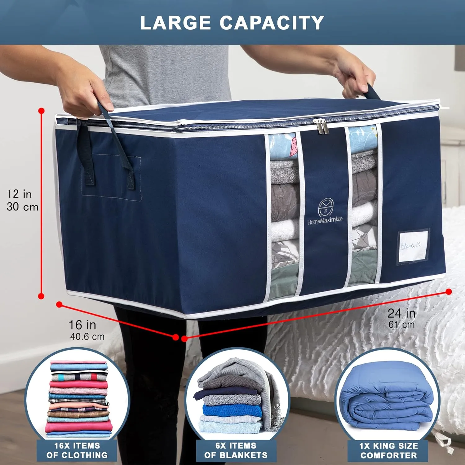 Clothes Storage Bag Organizer for, Blankets, Clothing, Comforters and Bedding Sets - Stackable with Zippers - Clear Window - 3 Pack Blue