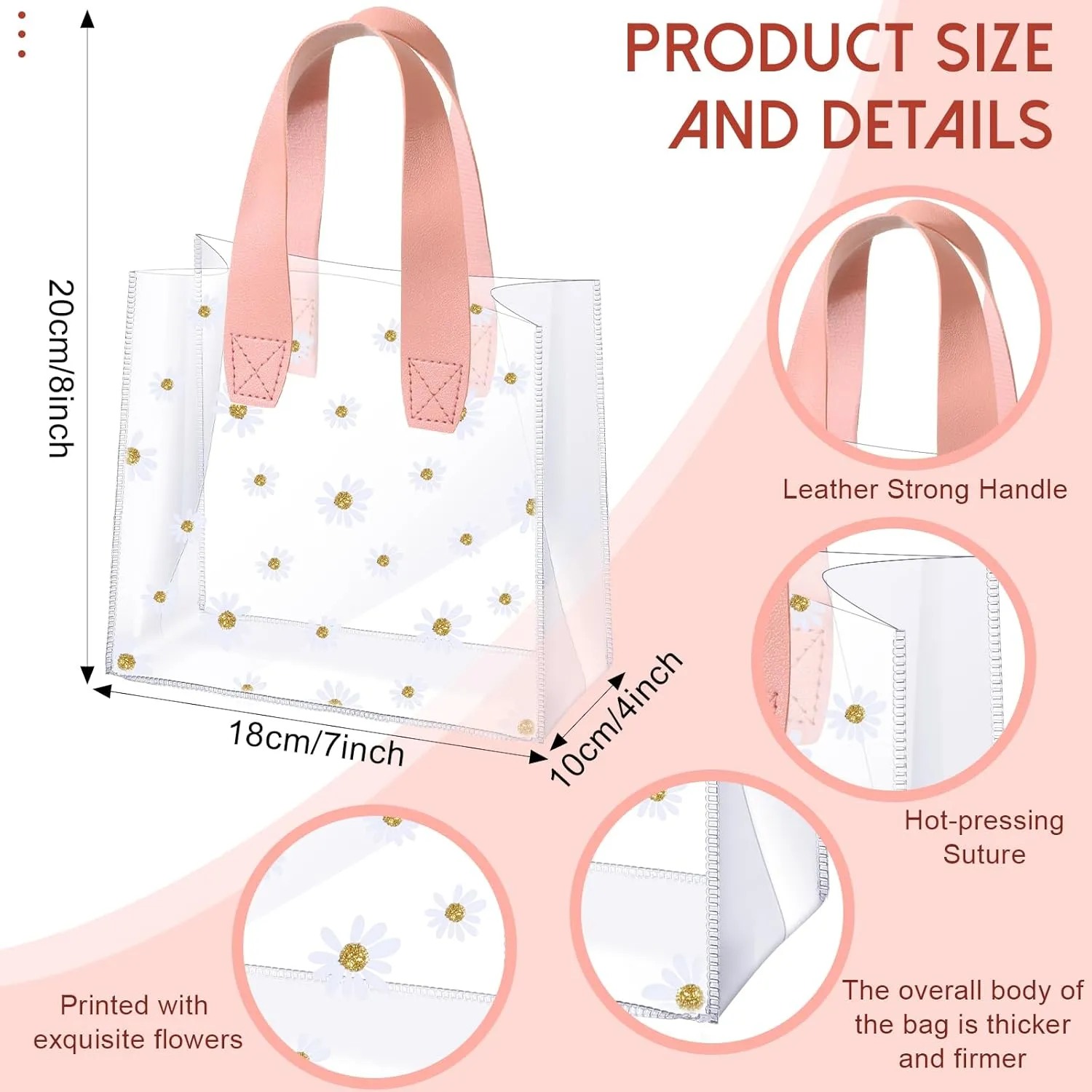 Clysee 24 Pcs Clear Gift Bags with Handles Daisy Clear Plastic Wrap Bag Reusable Transparent PVC Tote Goodie Gift Packing for Valentine‘s Day Wedding Shopping Baby Shower Birthday(Pink)