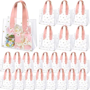 Clysee 24 Pcs Clear Gift Bags with Handles Daisy Clear Plastic Wrap Bag Reusable Transparent PVC Tote Goodie Gift Packing for Valentine‘s Day Wedding Shopping Baby Shower Birthday(Pink)