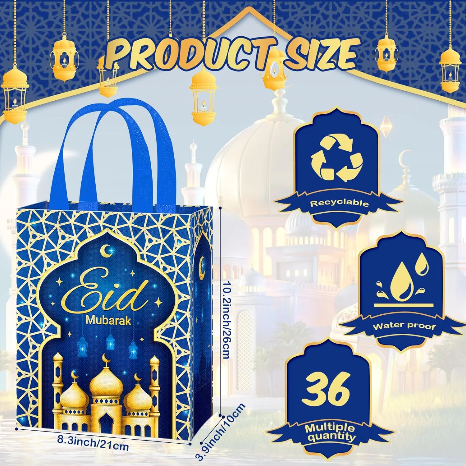 Clysee 36 Pcs Eid Mubarak Reusable Gift Bags with Handles Non Woven Ramadan Mubarak Gift Bags 6 Colors Eid Mubarak Treat Bags Gift Wrap Bags 10.2 x 8.3 x 3.9 Inch Reusable Tote Bags for Gifts