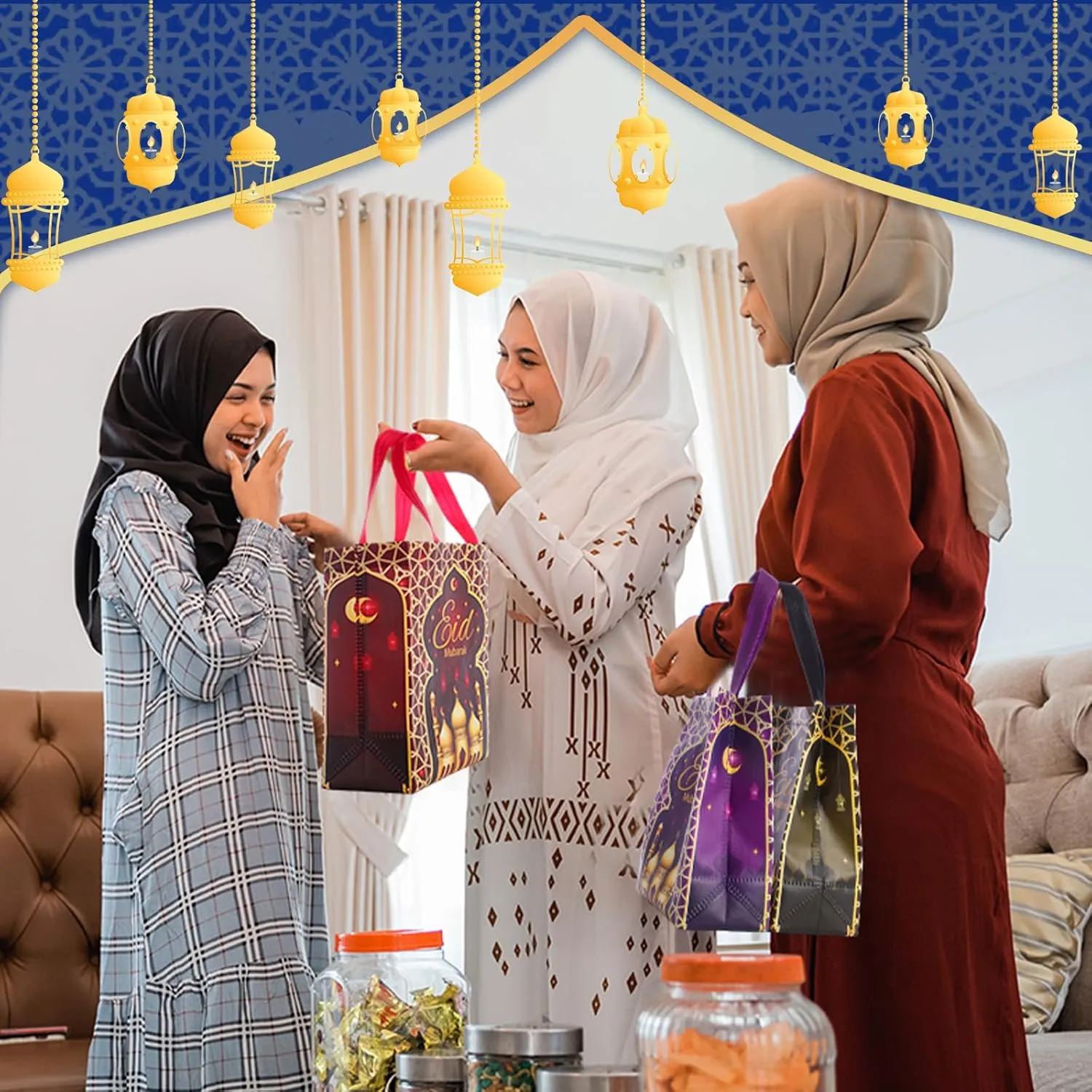 Clysee 36 Pcs Eid Mubarak Reusable Gift Bags with Handles Non Woven Ramadan Mubarak Gift Bags 6 Colors Eid Mubarak Treat Bags Gift Wrap Bags 10.2 x 8.3 x 3.9 Inch Reusable Tote Bags for Gifts