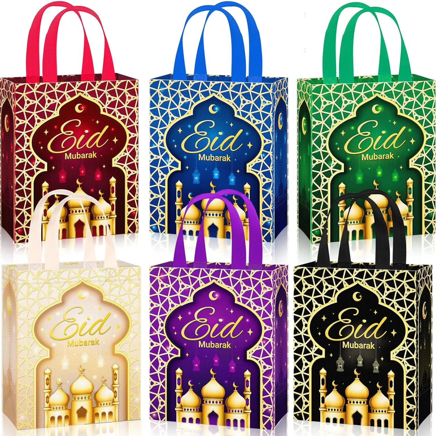 Clysee 36 Pcs Eid Mubarak Reusable Gift Bags with Handles Non Woven Ramadan Mubarak Gift Bags 6 Colors Eid Mubarak Treat Bags Gift Wrap Bags 10.2 x 8.3 x 3.9 Inch Reusable Tote Bags for Gifts