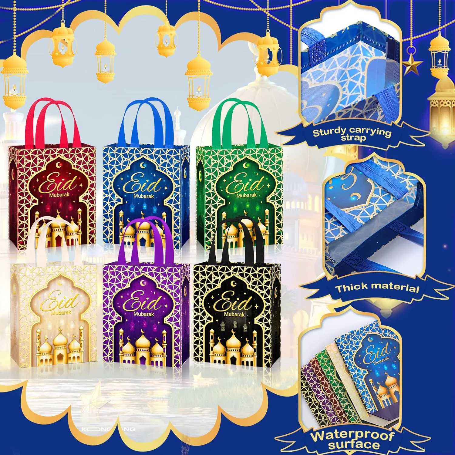 Clysee 36 Pcs Eid Mubarak Reusable Gift Bags with Handles Non Woven Ramadan Mubarak Gift Bags 6 Colors Eid Mubarak Treat Bags Gift Wrap Bags 10.2 x 8.3 x 3.9 Inch Reusable Tote Bags for Gifts