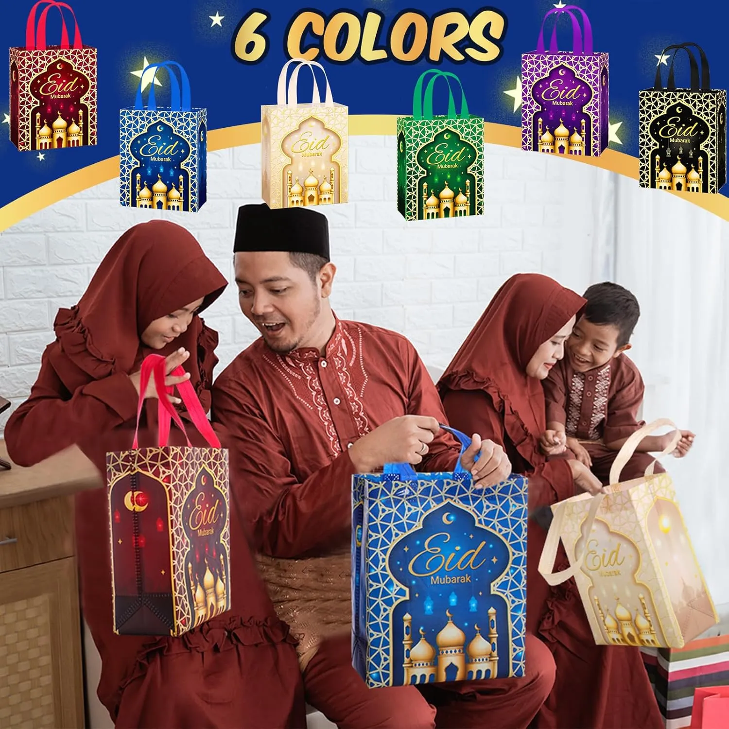 Clysee 36 Pcs Eid Mubarak Reusable Gift Bags with Handles Non Woven Ramadan Mubarak Gift Bags 6 Colors Eid Mubarak Treat Bags Gift Wrap Bags 10.2 x 8.3 x 3.9 Inch Reusable Tote Bags for Gifts