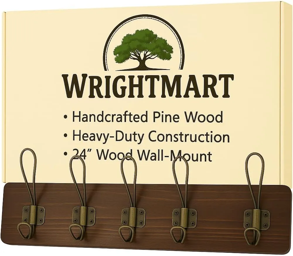 Coat Hanger Wall Mount - 24 Inch Coat Rack with 5 Hooks, Rustic Farmhouse, Handcrafted Pine, Bag, Dog Leash Holder for Wall, Durable Entryway Organizer, Expresso Finish