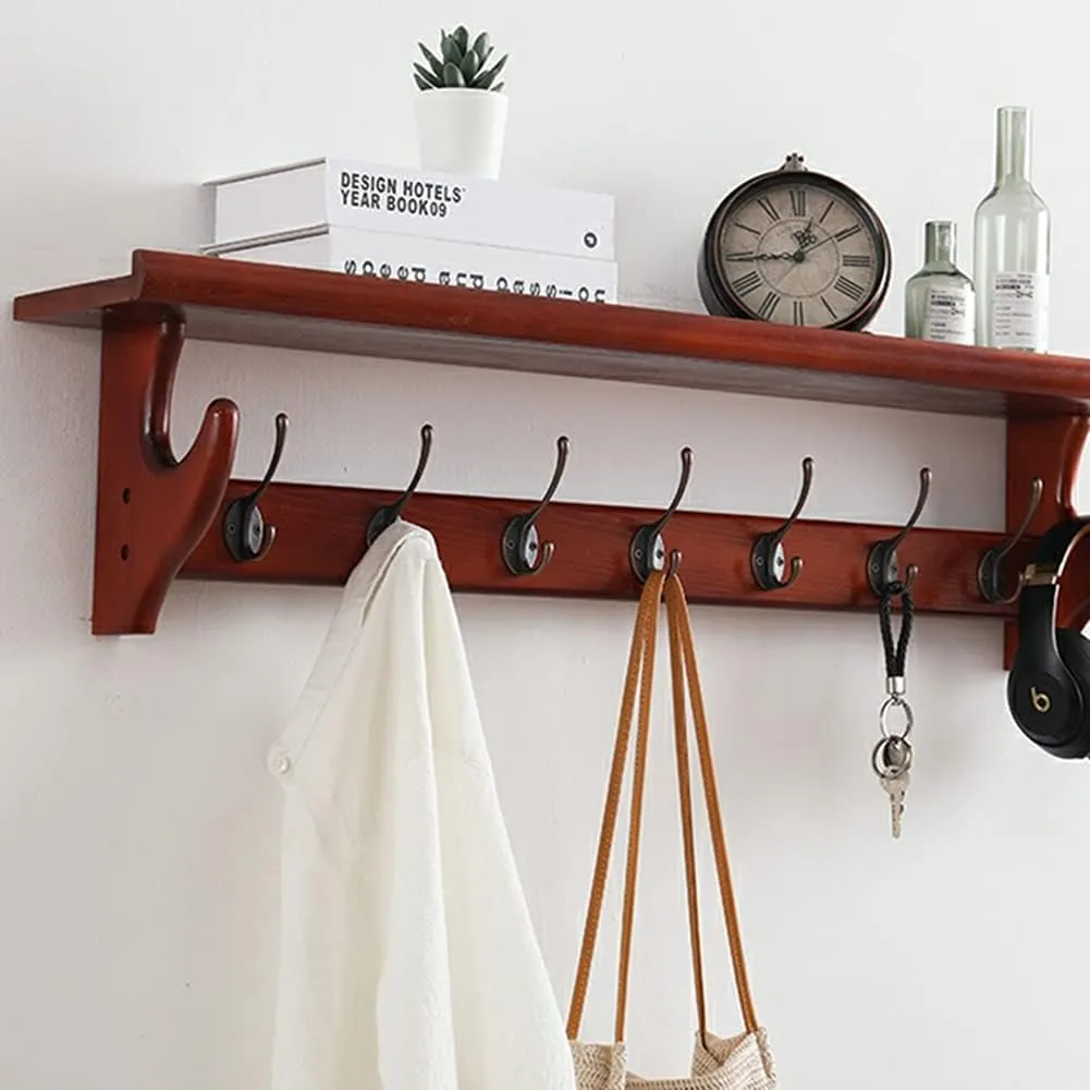 Coat Hook,Wall Hanging Hooks,Rustic Wood Wall Hooks with Shelf for Entryway and Bathroom Coat Hook Rack with Storage Shelf(Brown,80 * 16.5 * 22cm)