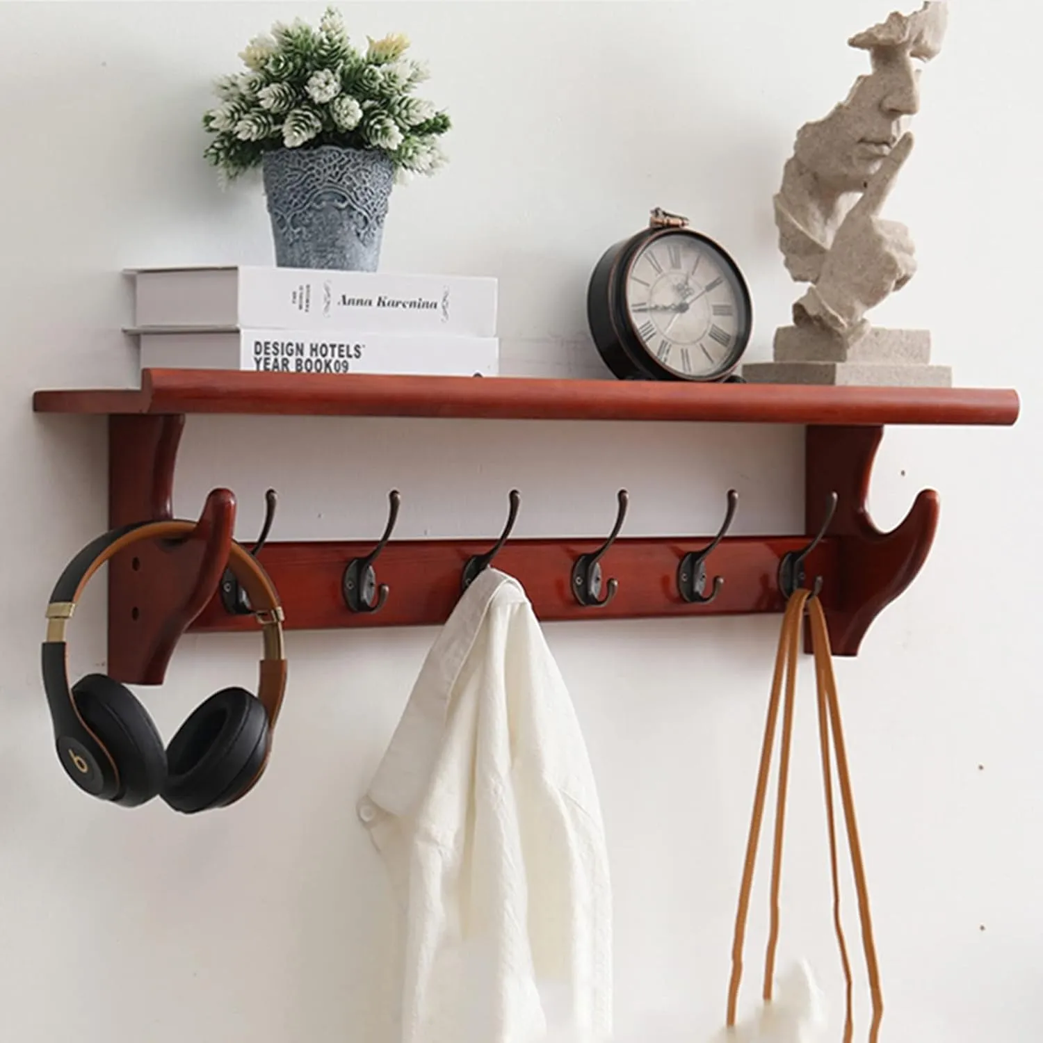 Coat Hook,Wall Hanging Hooks,Rustic Wood Wall Hooks with Shelf for Entryway and Bathroom Coat Hook Rack with Storage Shelf(Brown,80 * 16.5 * 22cm)