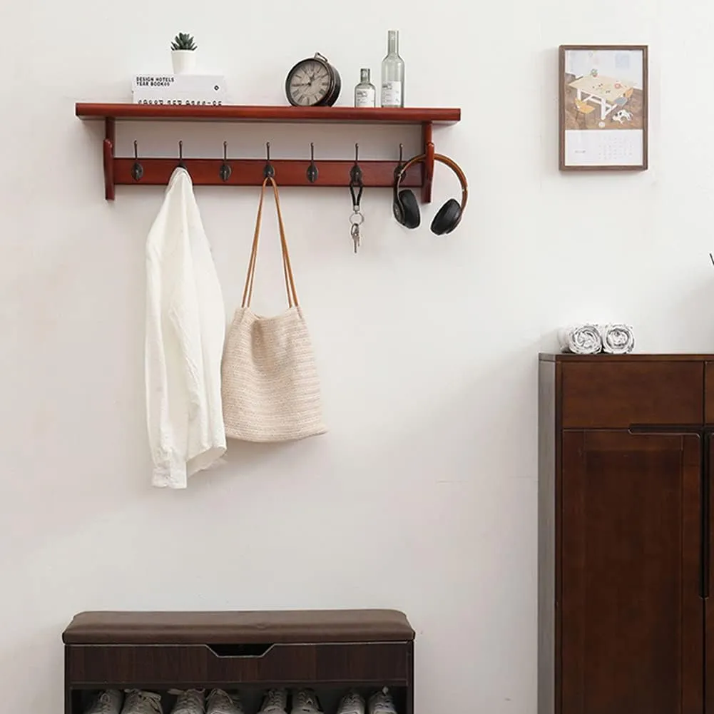 Coat Hook,Wall Hanging Hooks,Rustic Wood Wall Hooks with Shelf for Entryway and Bathroom Coat Hook Rack with Storage Shelf(Brown,80 * 16.5 * 22cm)