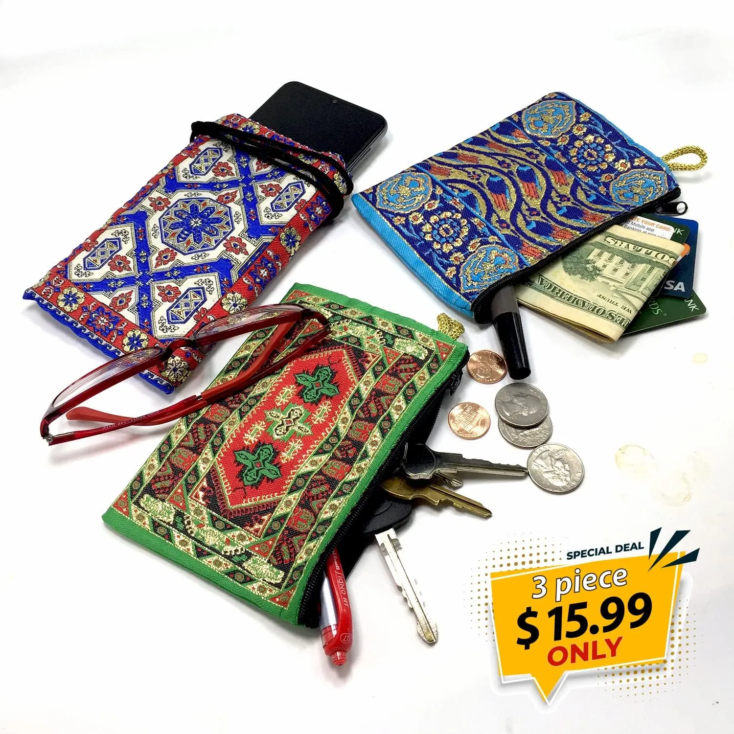 Coin Purse Authentic Patterned Versatile Purse Woven Zipper Pouch Keyring Pouch Coin Wallet Hip Purse Women Makeup Wallet (Set 05)