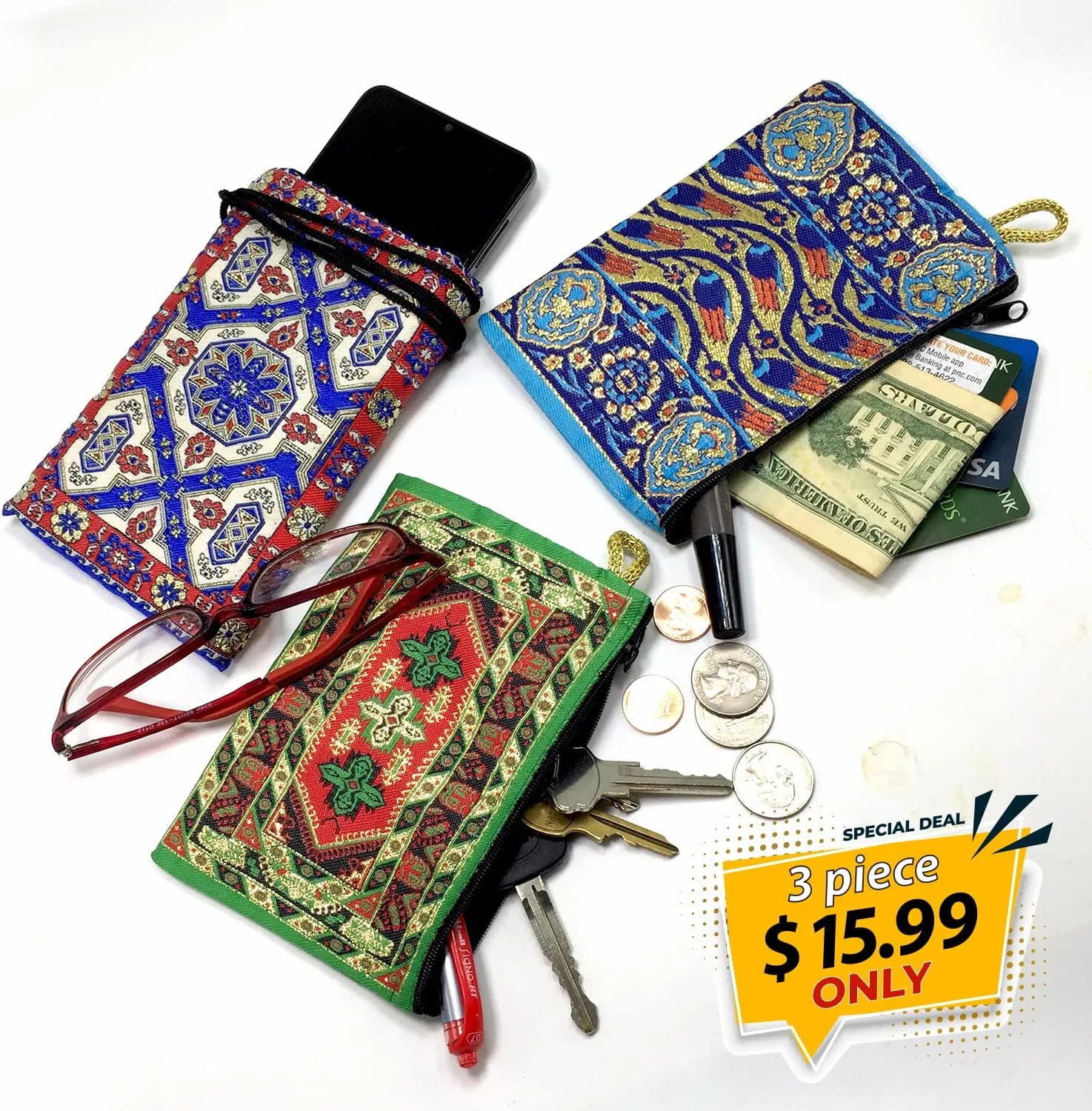 Coin Purse Authentic Patterned Versatile Purse Woven Zipper Pouch Keyring Pouch Coin Wallet Hip Purse Women Makeup Wallet (Set 05)