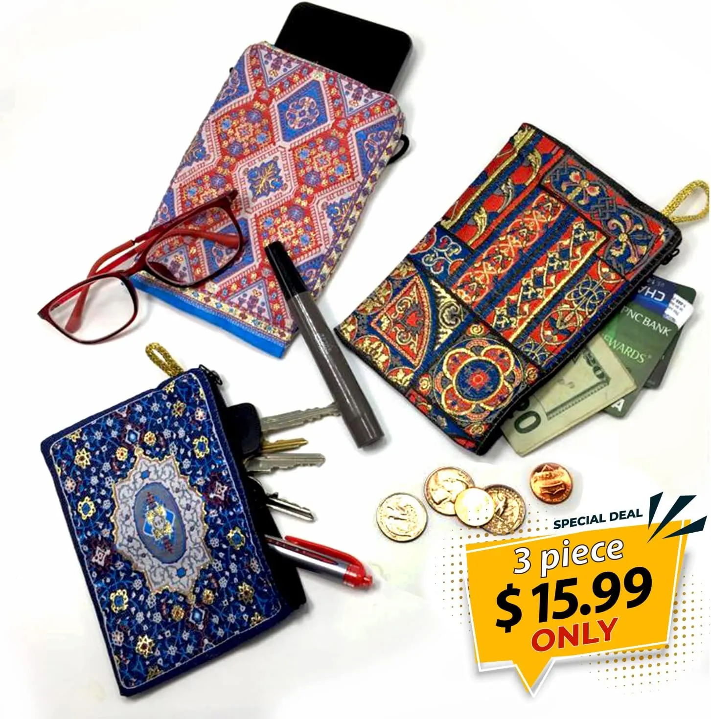 Coin Purse Authentic Patterned Versatile Purse Woven Zipper Pouch Keyring Pouch Coin Wallet Hip Purse Women Makeup Wallet (Set 08)