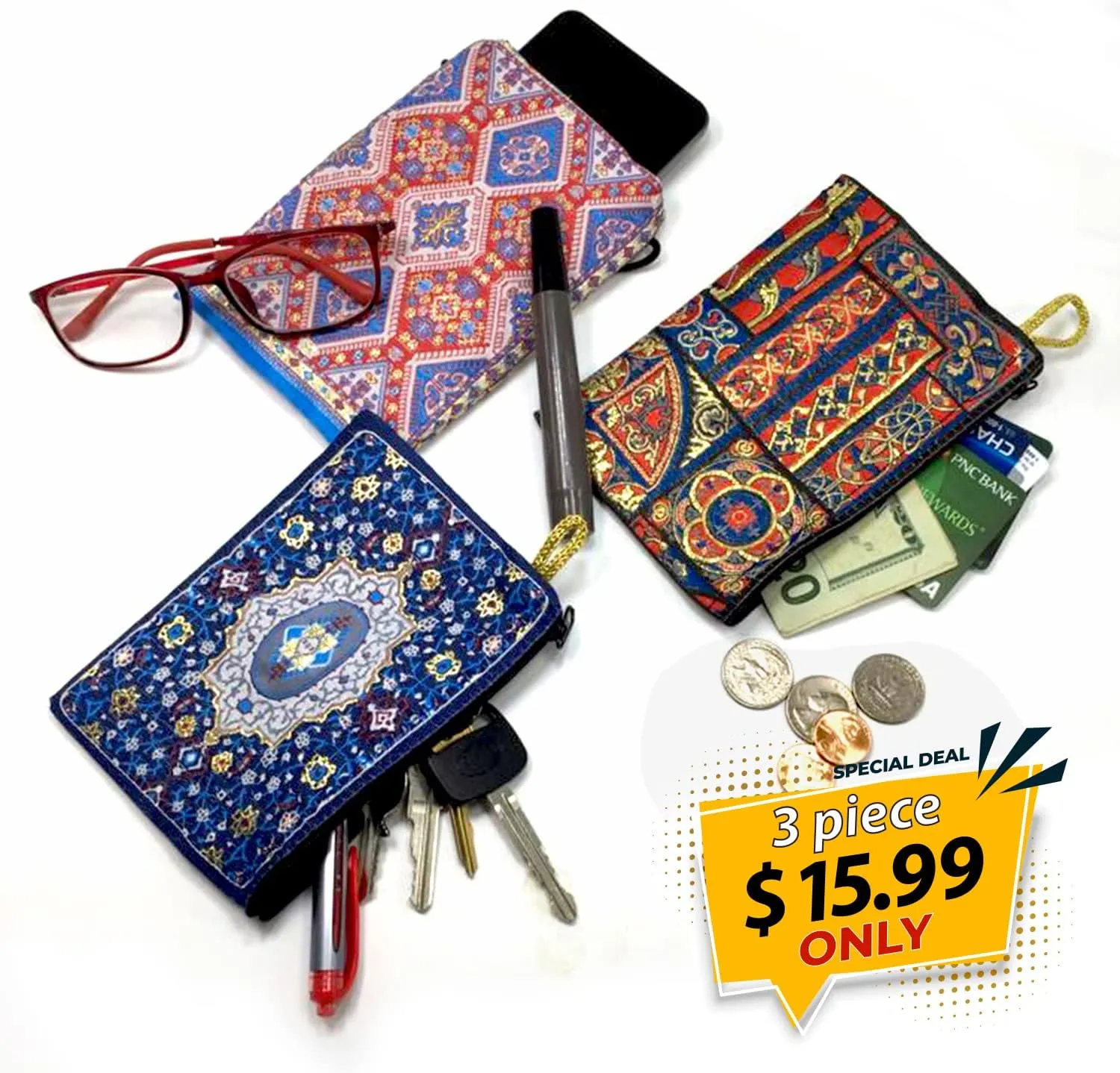 Coin Purse Authentic Patterned Versatile Purse Woven Zipper Pouch Keyring Pouch Coin Wallet Hip Purse Women Makeup Wallet (Set 08)