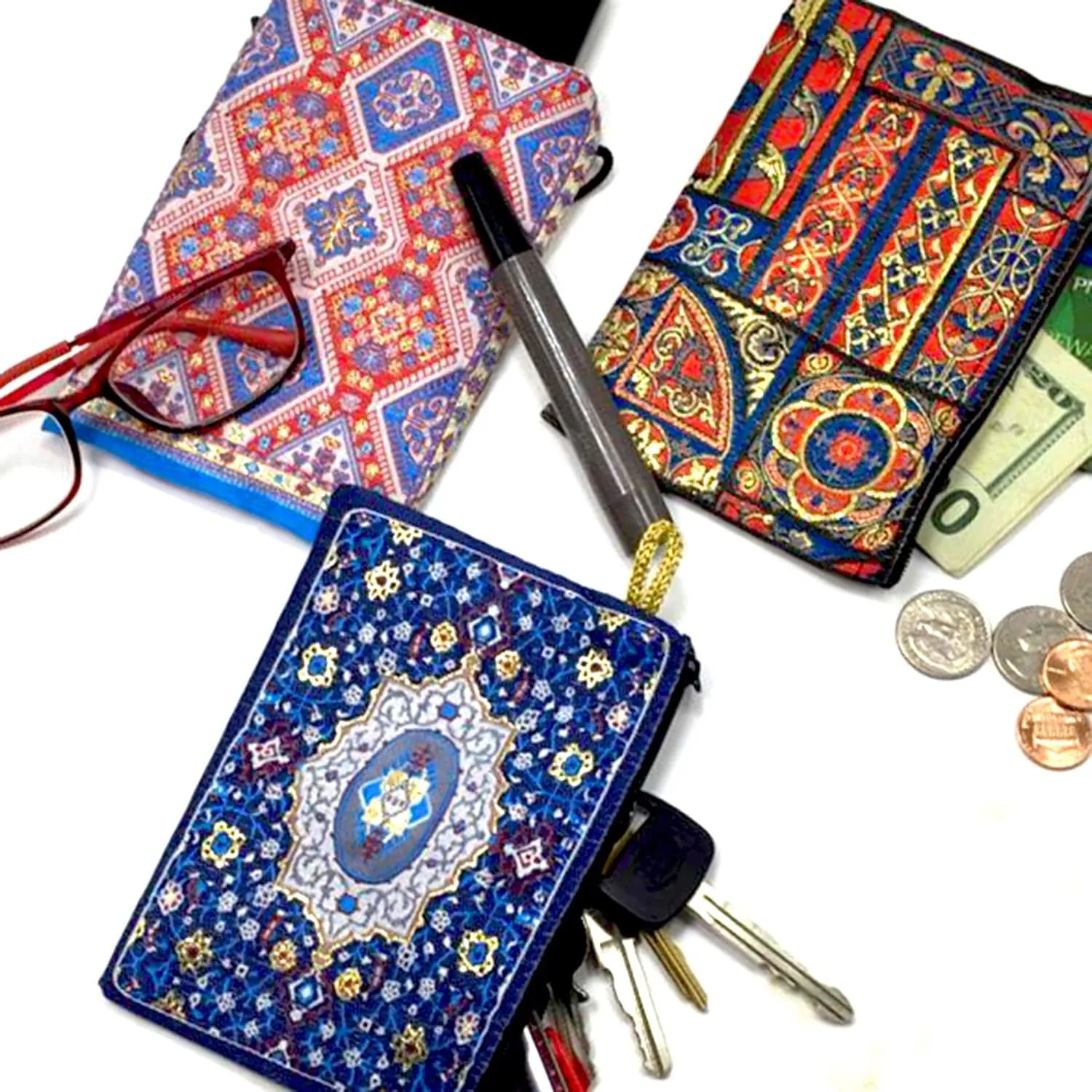 Coin Purse Authentic Patterned Versatile Purse Woven Zipper Pouch Keyring Pouch Coin Wallet Hip Purse Women Makeup Wallet (Set 08)