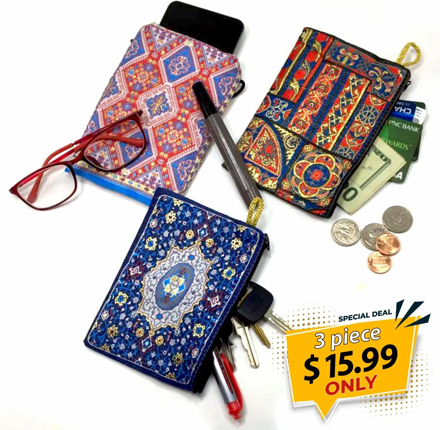 Coin Purse Authentic Patterned Versatile Purse Woven Zipper Pouch Keyring Pouch Coin Wallet Hip Purse Women Makeup Wallet (Set 08)