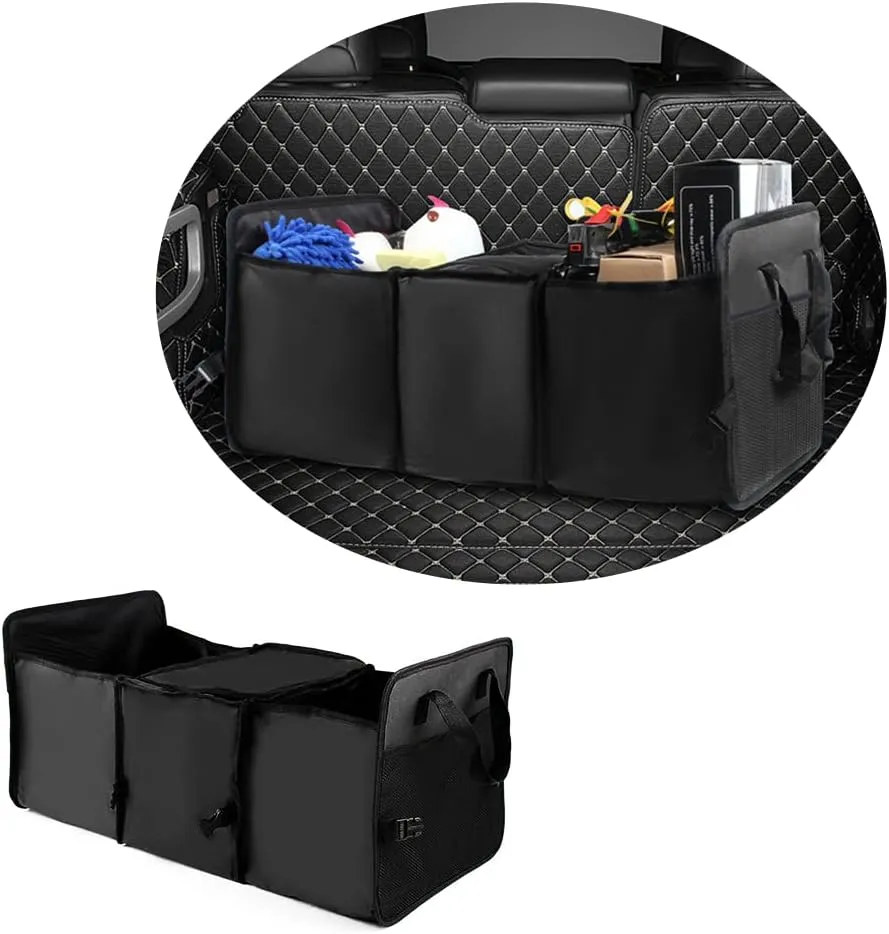 Collapsible Trunk Organizer for Car,3 Compartments Insulation Car Trunk Organizer Storage with Folding Buckle&Handles,Portable Car Accessories Trunk Organizer for SUV RV Car