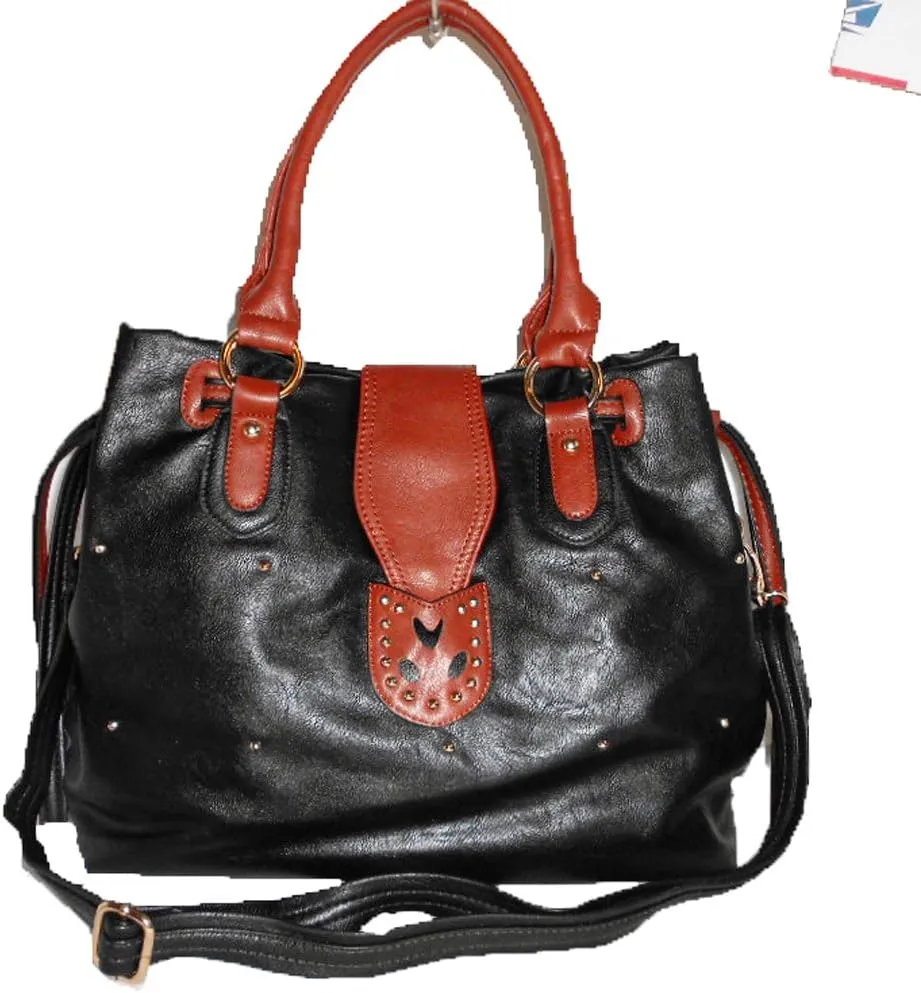 color block Black Brown Lock Embedded Pad L Shoulder Bag Handbag Purse