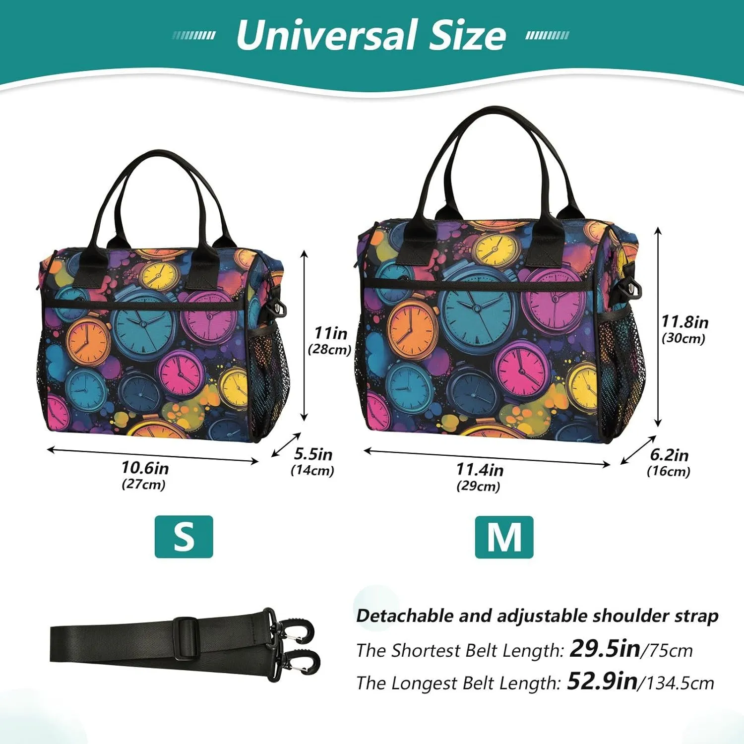 Colorful Alarm Clock Pattern Large Lunch Box for Men Women Adults Insulated Lunch Bag Cooler Bag with Adjustable Shoulder Strap for Work Picnic Travel