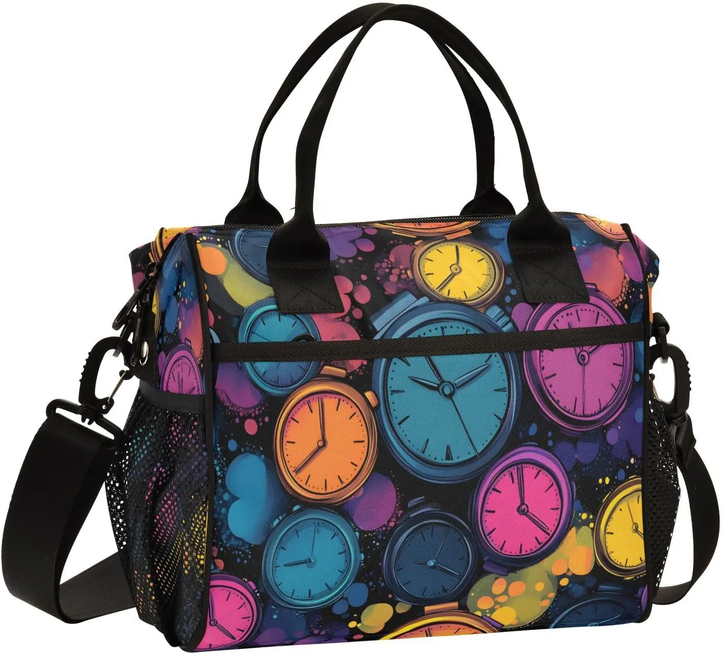 Colorful Alarm Clock Pattern Large Lunch Box for Men Women Adults Insulated Lunch Bag Cooler Bag with Adjustable Shoulder Strap for Work Picnic Travel