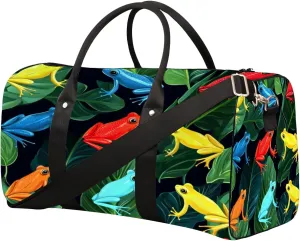 Colorful Frogs Travel Duffel Bag, Frog Leaves Sports Tote Gym Bag, Foldable Weekender Overnight Bag, Luggage Handle Bag for Women Men