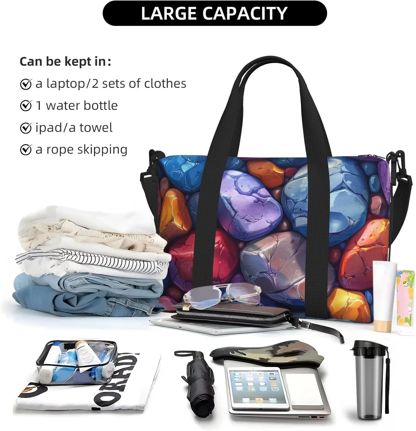 Colorful pebbles print Travel Duffel Bag, Sports Tote Gym Bag, Swim Pool Bag Large Shoulder Tote Bag for Beach Weekender