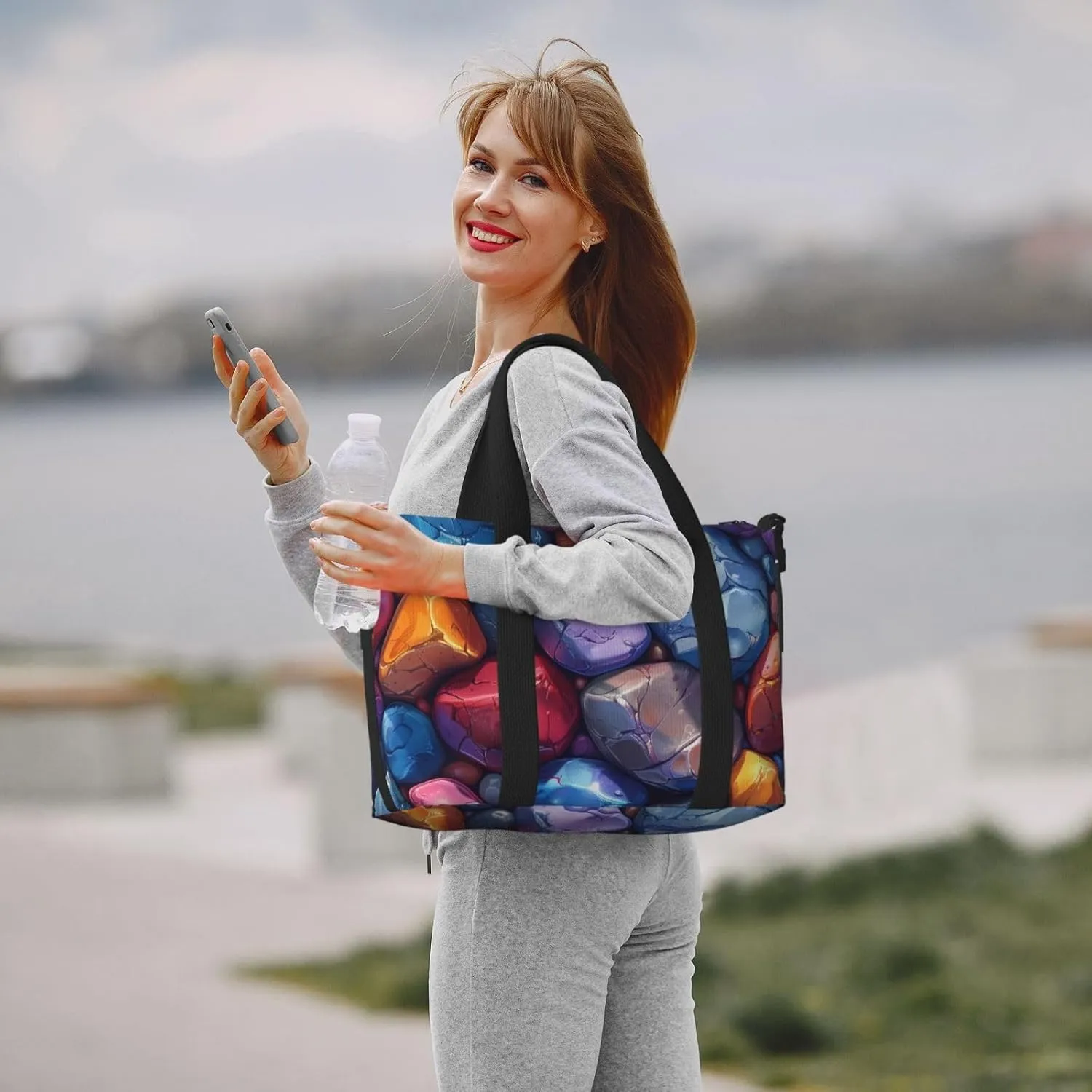 Colorful pebbles print Travel Duffel Bag, Sports Tote Gym Bag, Swim Pool Bag Large Shoulder Tote Bag for Beach Weekender