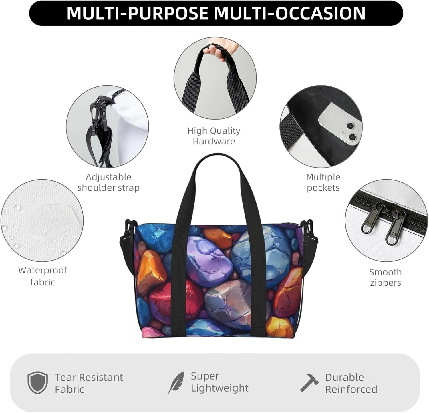 Colorful pebbles print Travel Duffel Bag, Sports Tote Gym Bag, Swim Pool Bag Large Shoulder Tote Bag for Beach Weekender