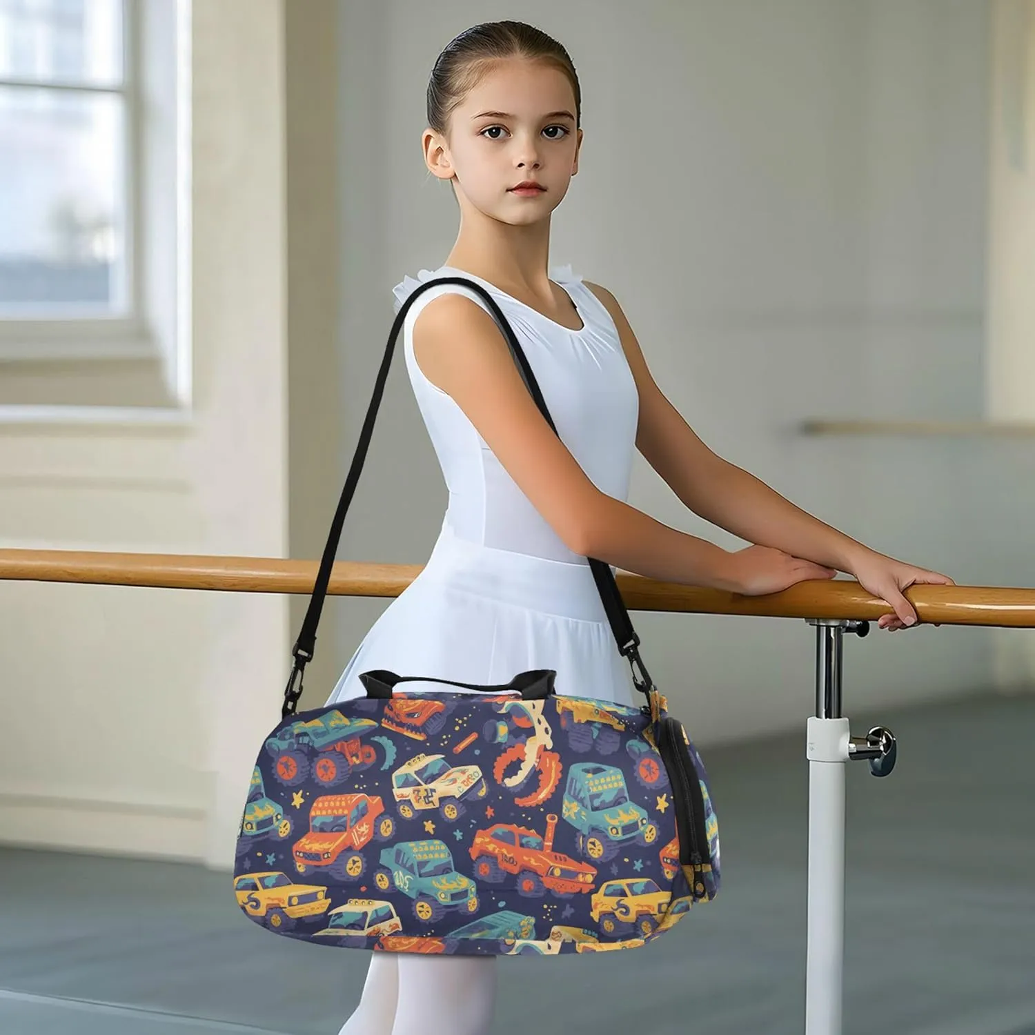 Colorful trucks Girl's Gym Duffel Bag with Shoes Compartment Multifunctional Weekender Overnight Bags for Travel, Sports, Duffel, Weekender