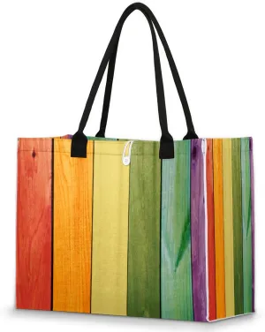 Coloured Wooden Pattern Tote Bag for Women Large Beach Bag Reusable Grocery Bags Tote Bag for Work Shopping Travel Beach