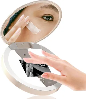 Compact Mirror with Camera for Sunscreen Test, Travel Lighted Makeup Mirror, 2X Magnification, Portable 2 Sided Pocket Mirror for Handbag Purse, 3.5 Inch