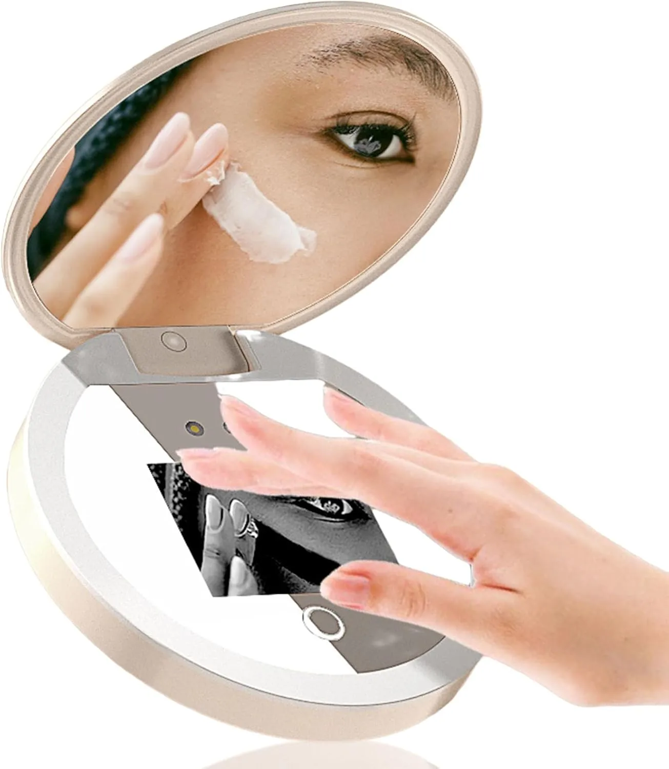 Compact Mirror with Camera for Sunscreen Test, Travel Lighted Makeup Mirror, 2X Magnification, Portable 2 Sided Pocket Mirror for Handbag Purse, 3.5 Inch