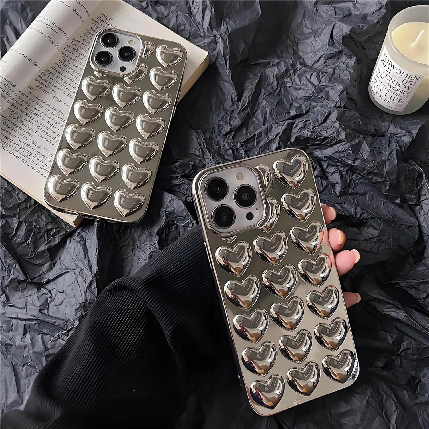 Compatible with iPhone 13 case for Women and Girls Shiny and Cute Silver Chrome Hearts Phone case, Scratch-Resistant Soft TPU 6.1 inch Silicone Shockproof Phone case.