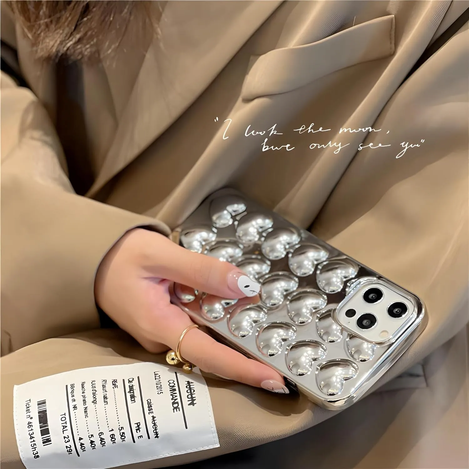 Compatible with iPhone 13 case for Women and Girls Shiny and Cute Silver Chrome Hearts Phone case, Scratch-Resistant Soft TPU 6.1 inch Silicone Shockproof Phone case.