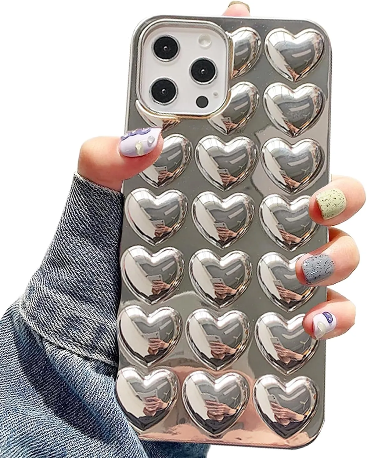 Compatible with iPhone 13 case for Women and Girls Shiny and Cute Silver Chrome Hearts Phone case, Scratch-Resistant Soft TPU 6.1 inch Silicone Shockproof Phone case.