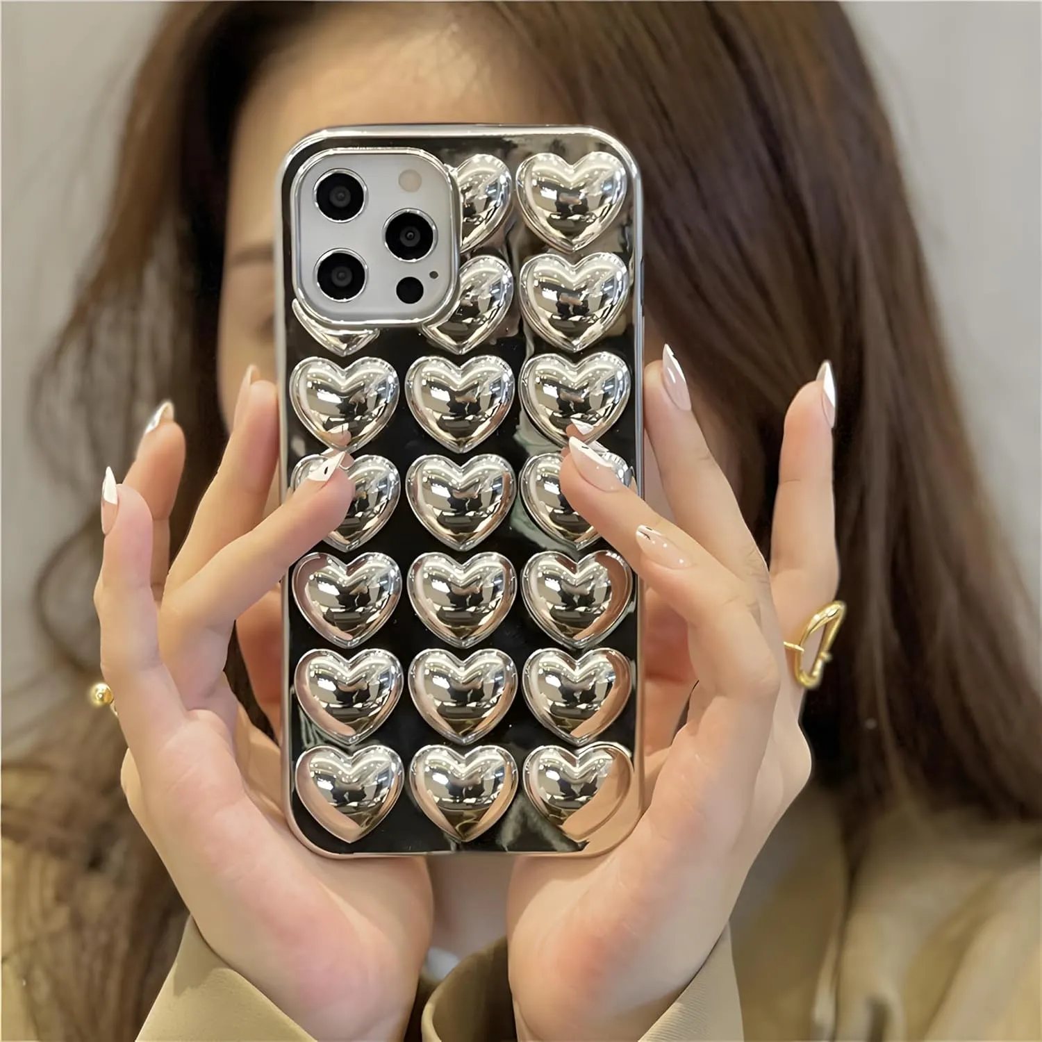 Compatible with iPhone 13 case for Women and Girls Shiny and Cute Silver Chrome Hearts Phone case, Scratch-Resistant Soft TPU 6.1 inch Silicone Shockproof Phone case.