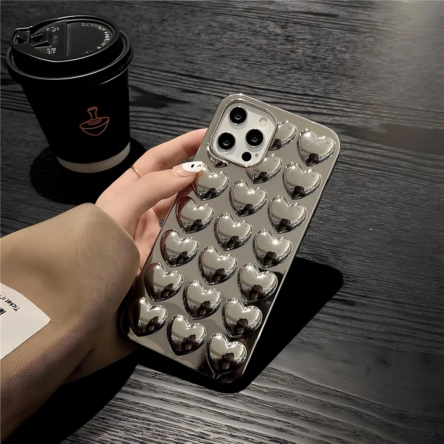 Compatible with iPhone 13 case for Women and Girls Shiny and Cute Silver Chrome Hearts Phone case, Scratch-Resistant Soft TPU 6.1 inch Silicone Shockproof Phone case.
