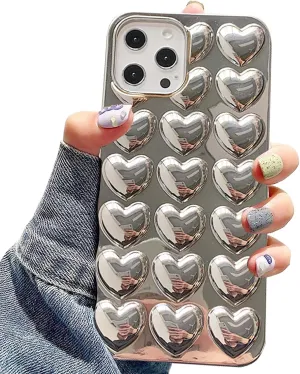 Compatible with iPhone 13 case for Women and Girls Shiny and Cute Silver Chrome Hearts Phone case, Scratch-Resistant Soft TPU 6.1 inch Silicone Shockproof Phone case.