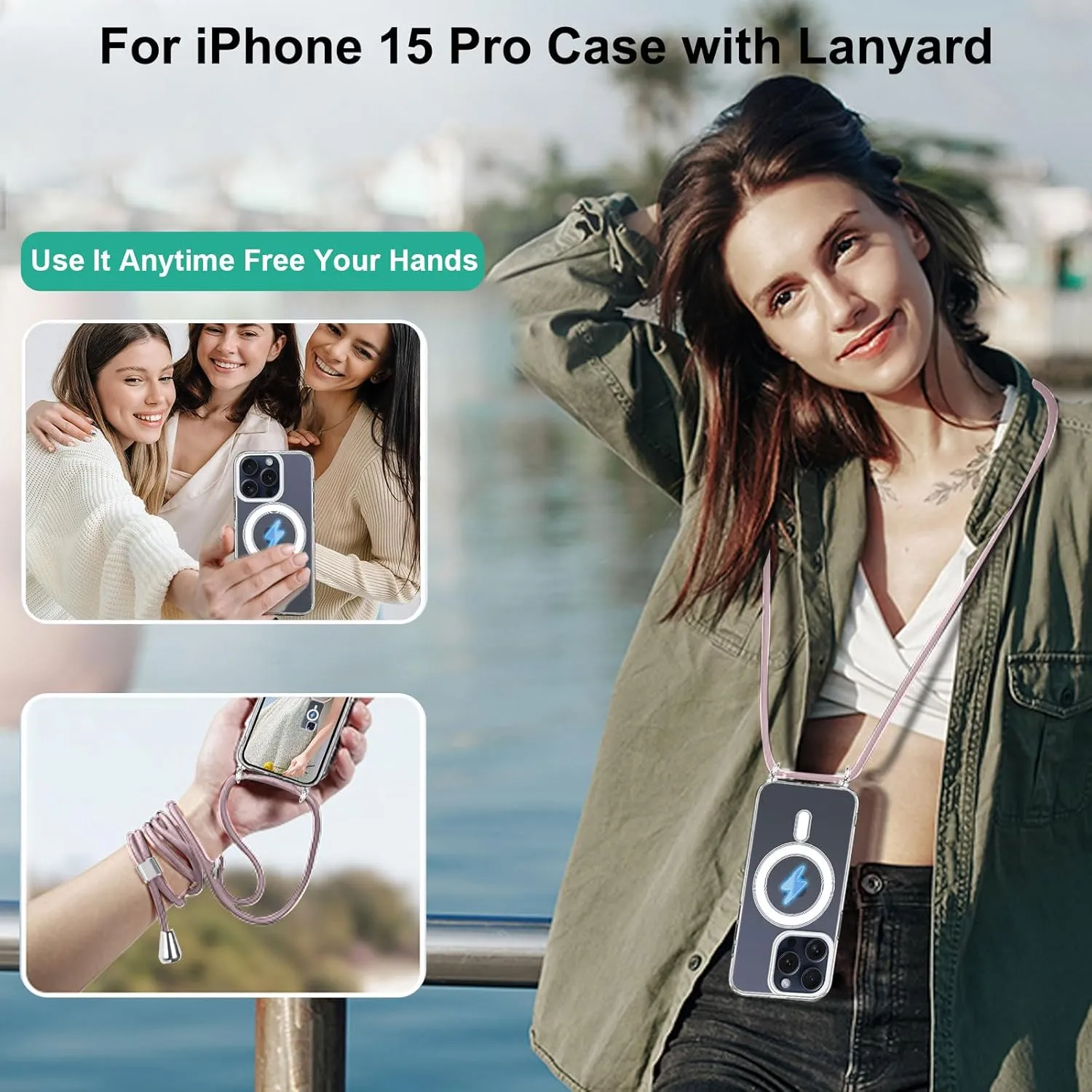 Compatible with iPhone 15 Pro Case, Compatible with MagSafe Clear Case Camera Protection Phone Crossbody Cover with Adjustable Lanyard Strap Shockproof Magnetic Cover for iPhone 15 Pro for Men Women