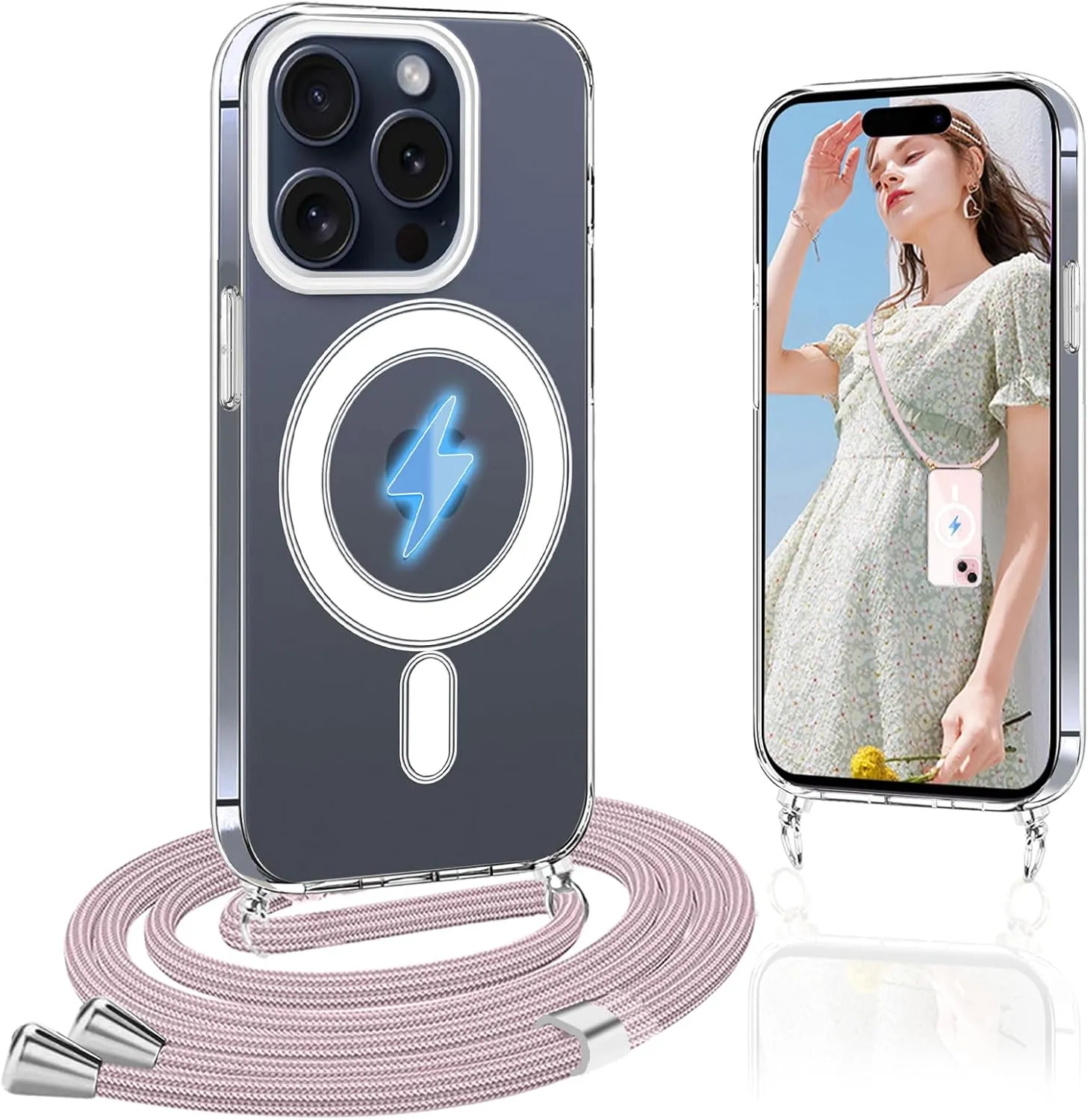 Compatible with iPhone 15 Pro Case, Compatible with MagSafe Clear Case Camera Protection Phone Crossbody Cover with Adjustable Lanyard Strap Shockproof Magnetic Cover for iPhone 15 Pro for Men Women