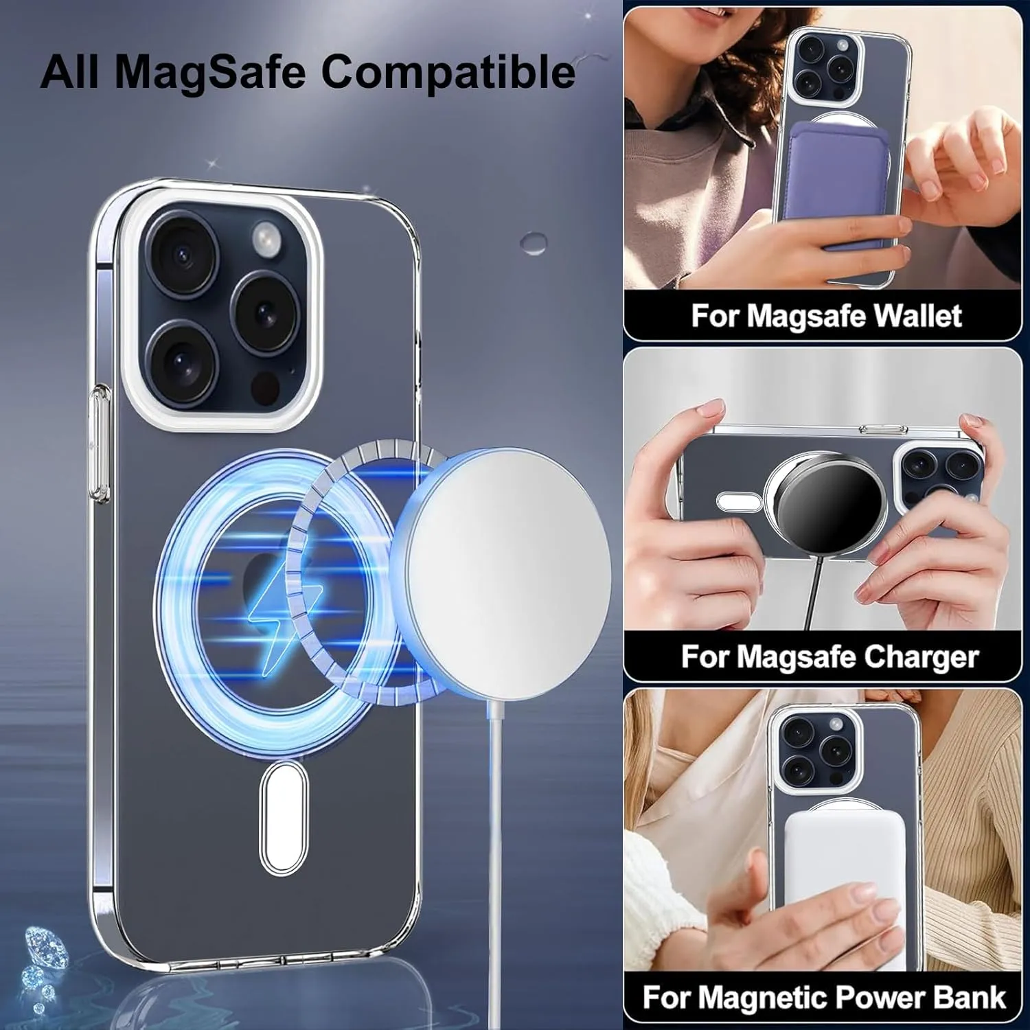 Compatible with iPhone 15 Pro Case, Compatible with MagSafe Clear Case Camera Protection Phone Crossbody Cover with Adjustable Lanyard Strap Shockproof Magnetic Cover for iPhone 15 Pro for Men Women