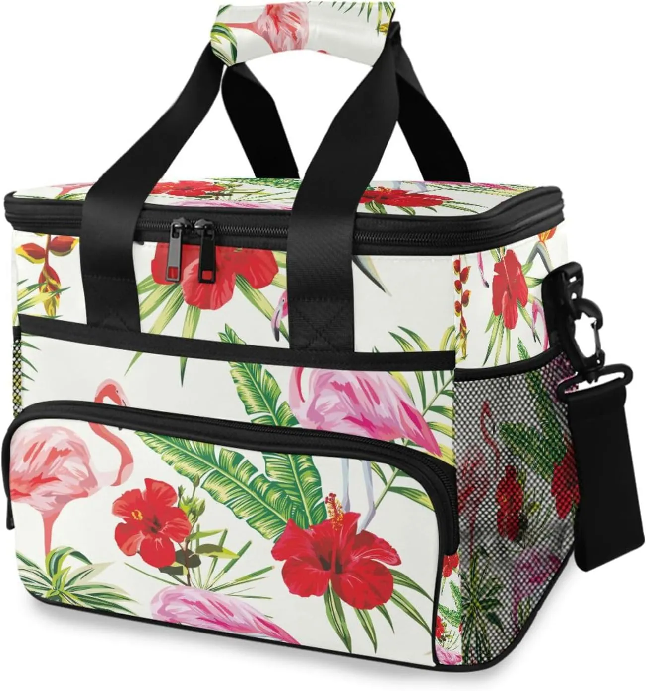 Composition-flamingo-flowers Large Insulated Cooler Lunch Bag for Women Men, Wide Opening Leakproof Lunch Box for Adults, Lunch Tote Bag with Shoulder Strap for Travel Work Picnic,15L