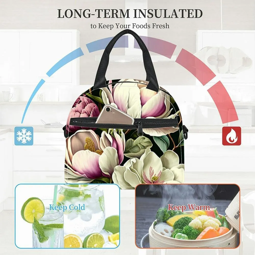 Composition flowers and peonies branches and leaves a light Holiday Insulated Adult Lunch Bag with Shoulder Strap for Women Lightweight Reusable Portable Freezable Lunch Tote Bag for Work Picnic
