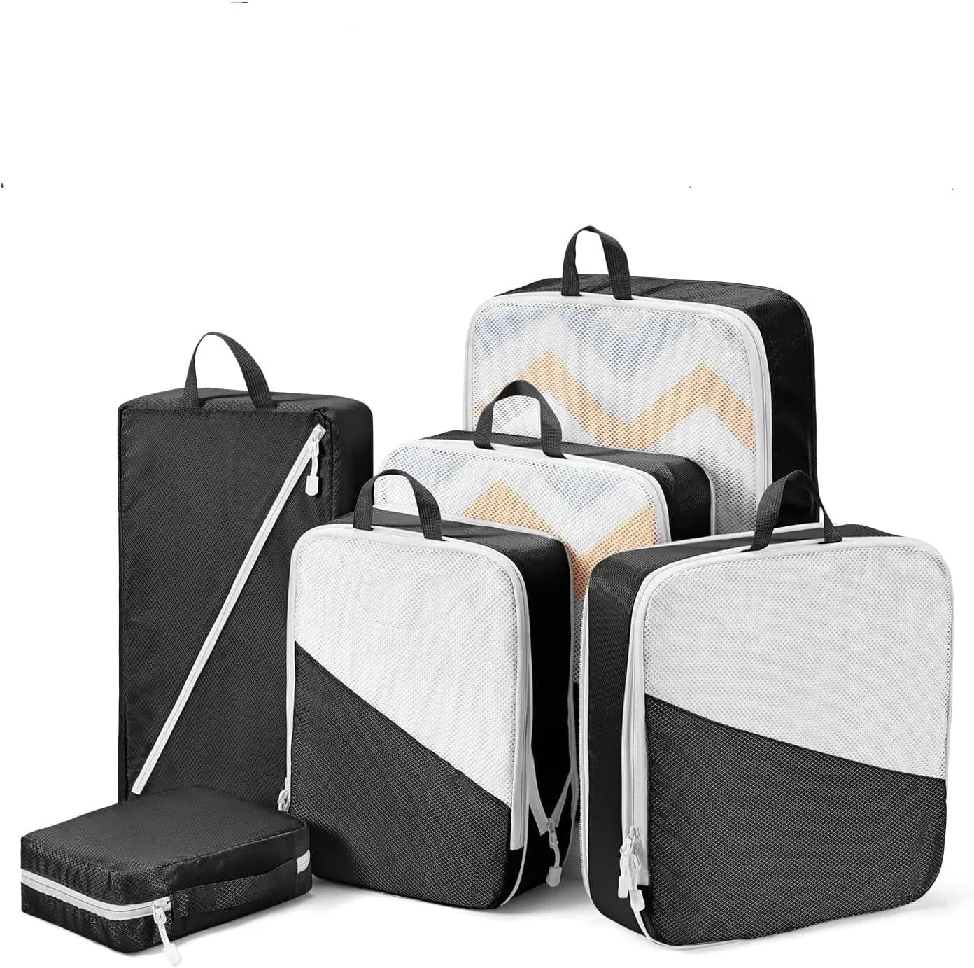 Compression Packing Cubes - 7 Piece Set Travel Organizer, Luggage & Suitcase Organizer, Space Saving Packing Cubes, Lightweight Travel Organizers, Travel Accessories & Essentials (White & Black)