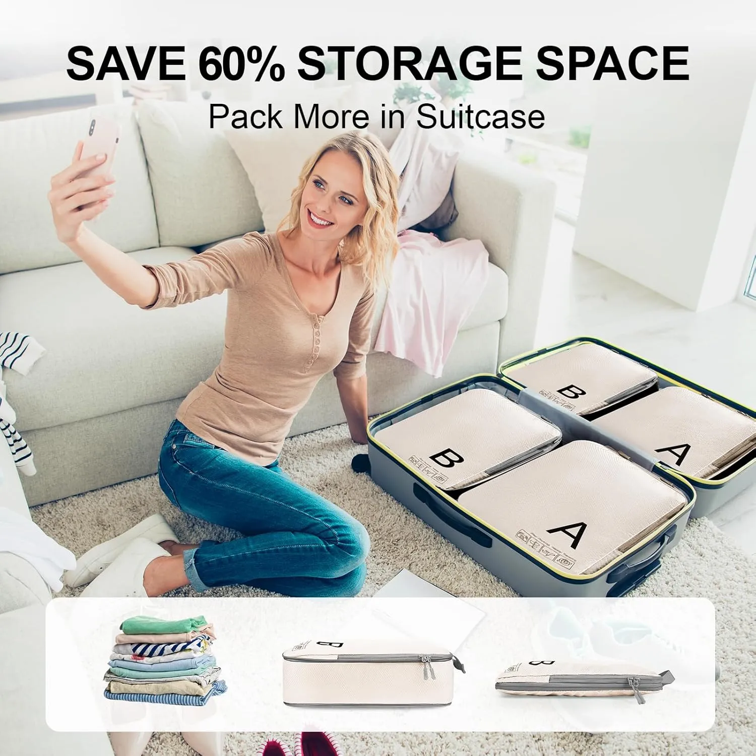 Compression Packing Cubes for Travell - Premium 368D Fabric Packing Cubes with Smooth Zippers, Space-Saving Compression Bags for Travell, Luggage Organizers for Clothes, Shoes, and Accessories